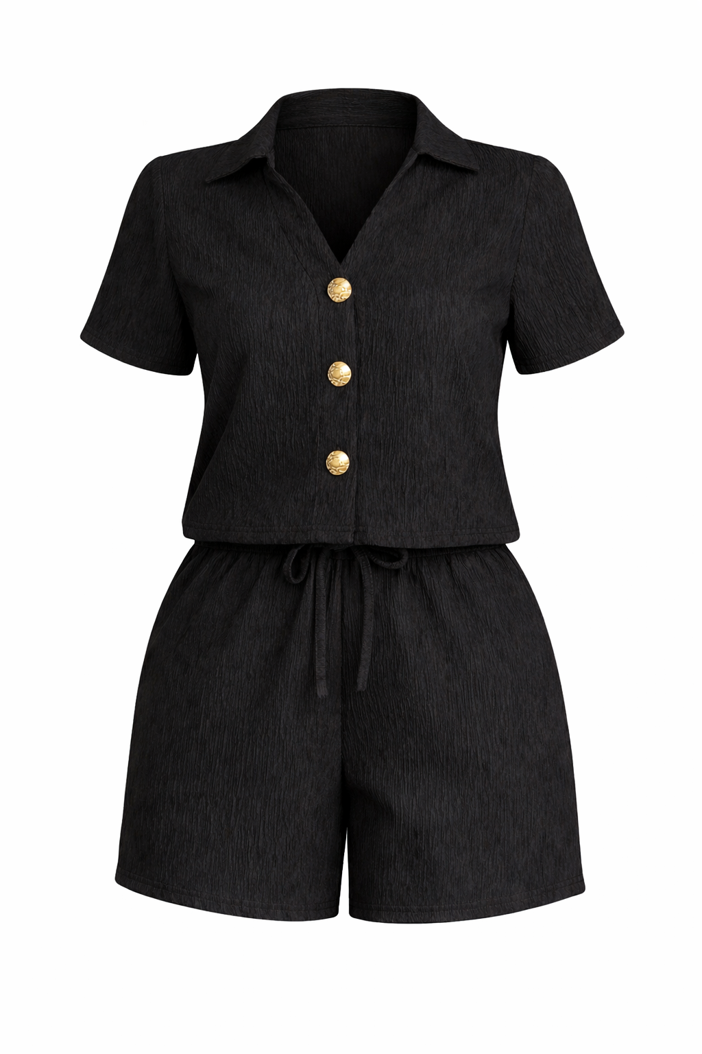 Textured Two Piece Shorts Set With Textured Gold Buttons