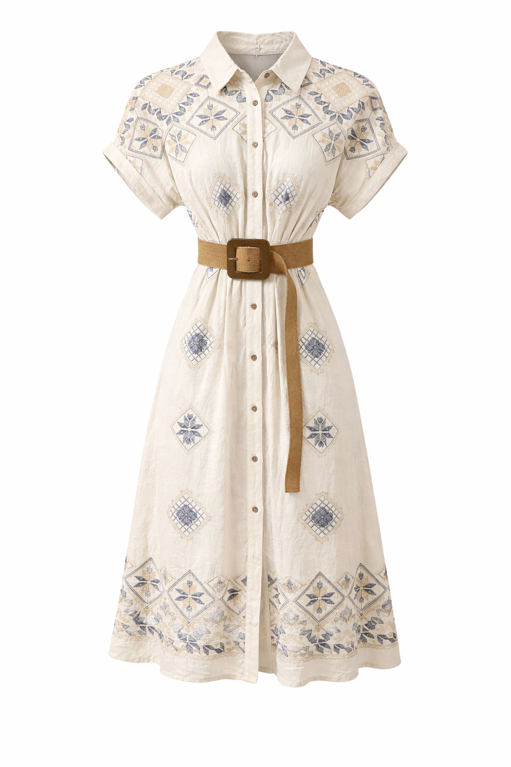 Linen Embroidered Button Belted Maxi Dress