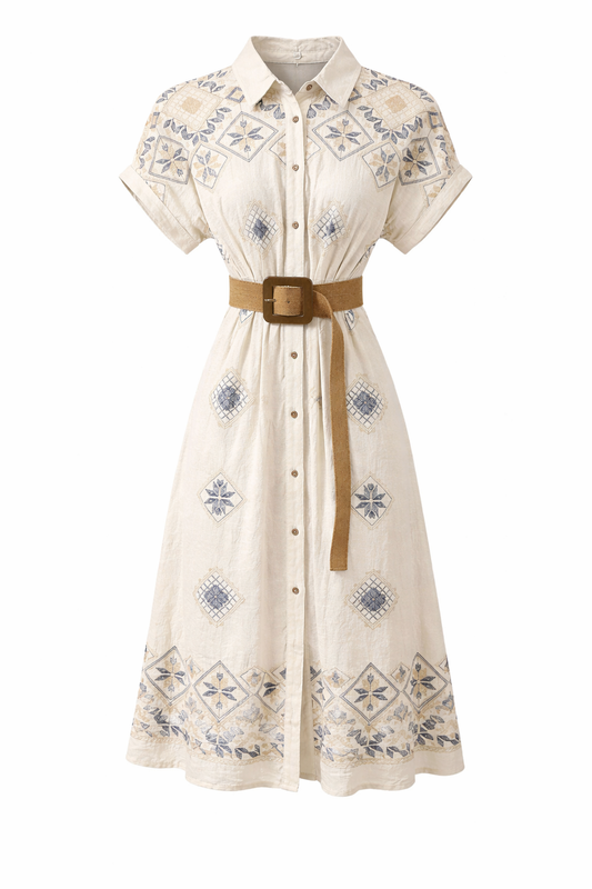 Linen Embroidered Button Belted Maxi Dress
