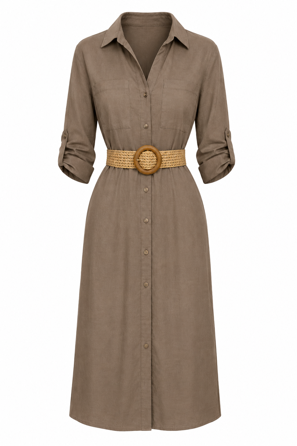 Linen Button Up Belted Pocket Midi Dress