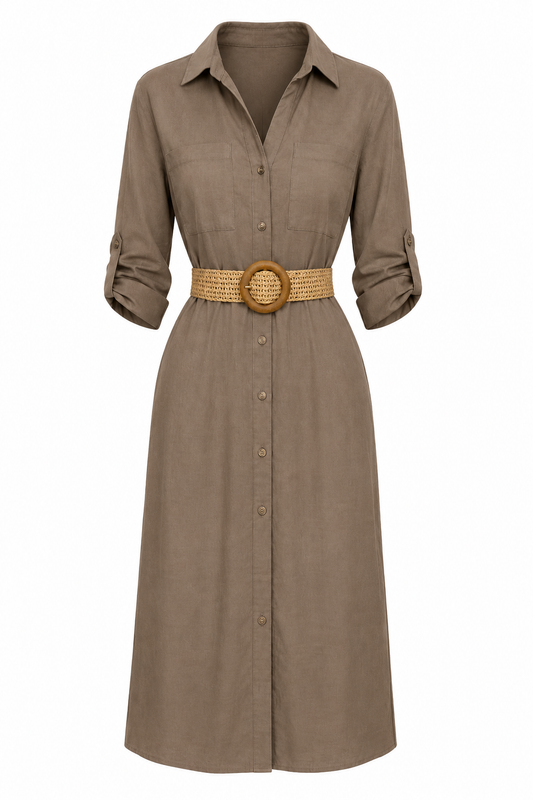 Linen Button Up Belted Pocket Midi Dress