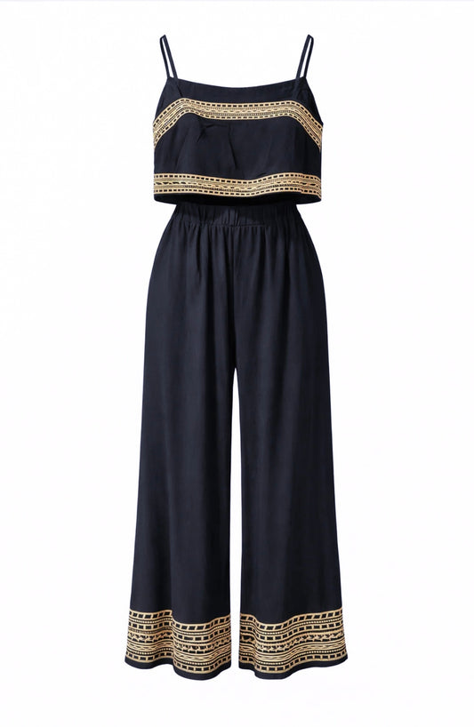 Linen Embroidered Aztec Two Piece Pants Set