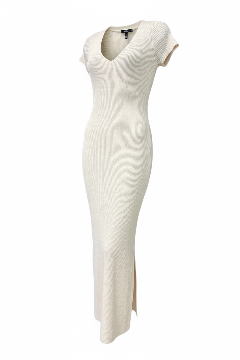 Beige Rib Sweater Dress