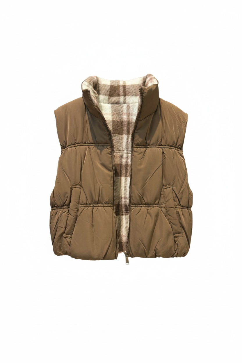 Plaid Reversible Crop Puffer Vest