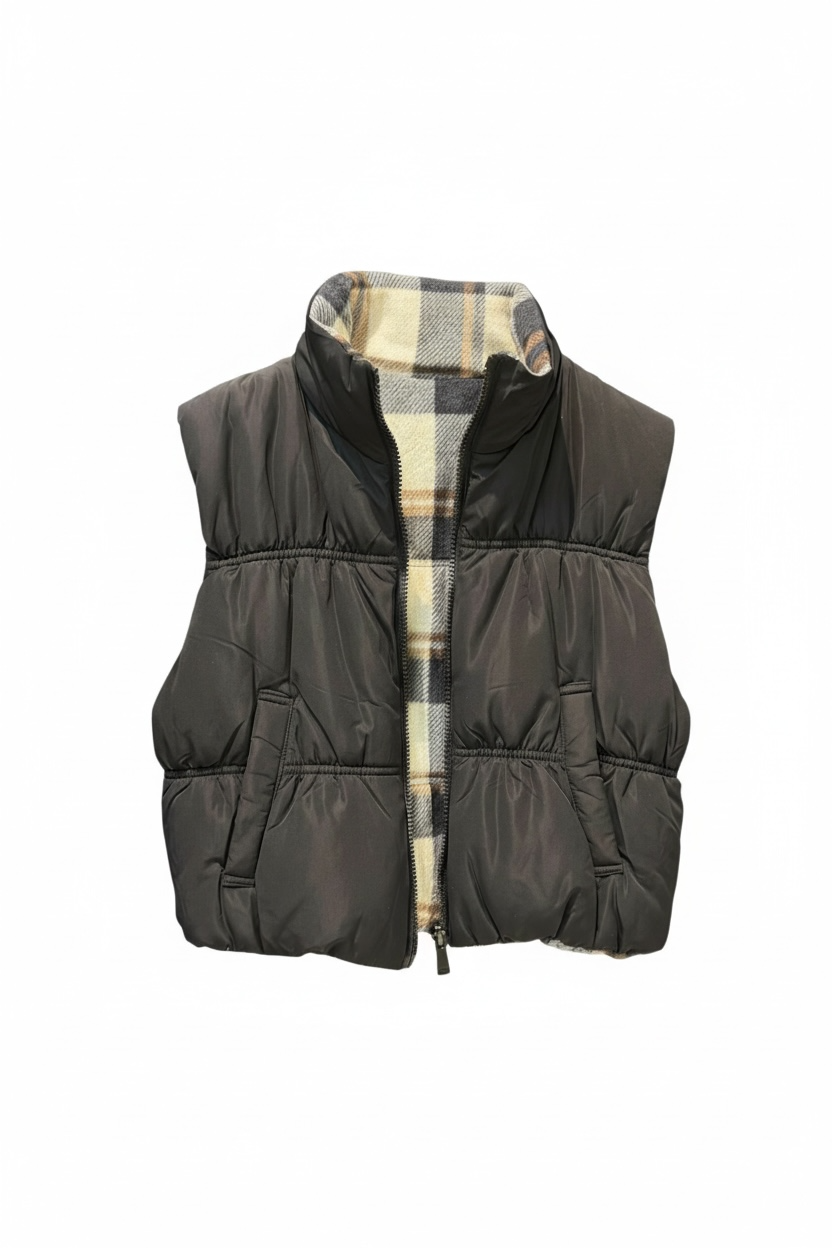 Plaid Reversible Crop Puffer Vest