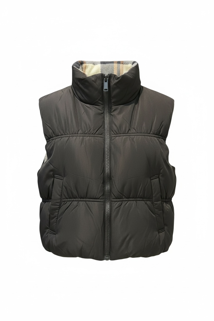 Plaid Reversible Crop Puffer Vest