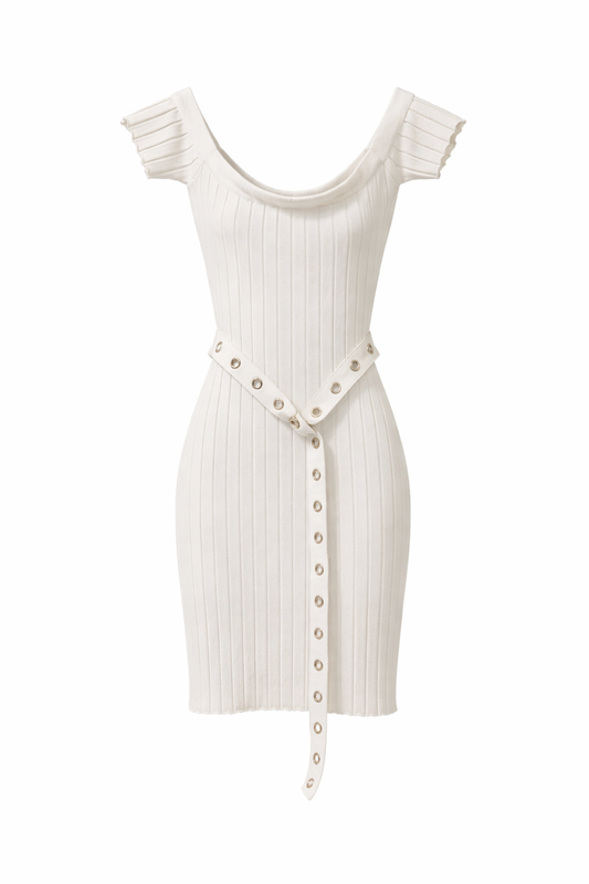 Ribbed White Belted Mini Dress