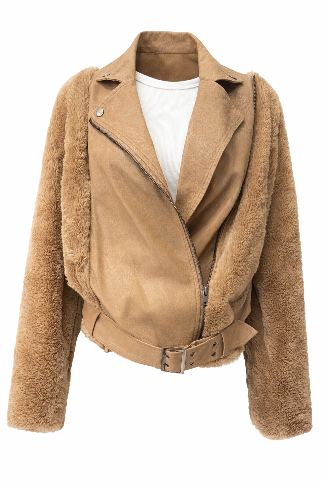 Vegan Leather Fur Belted Jacket