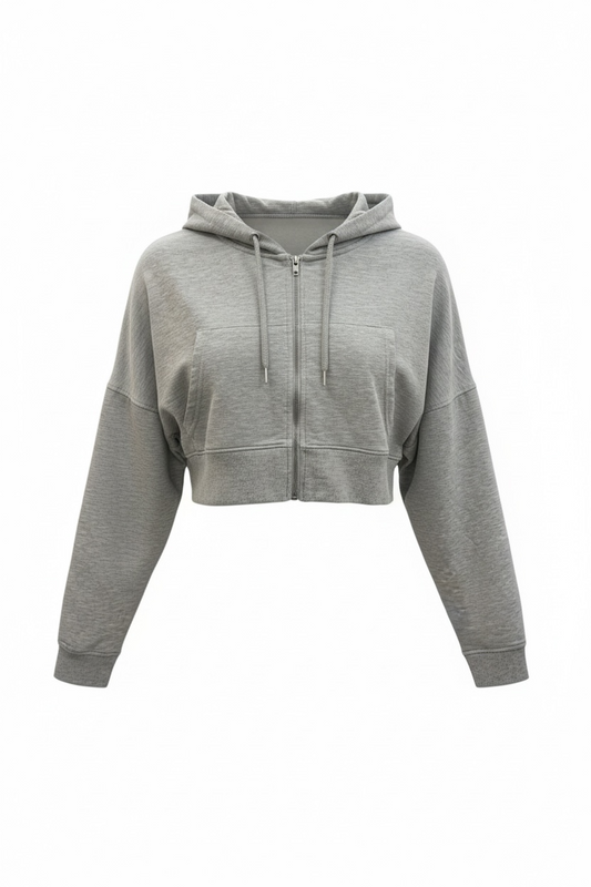 Basic Grey Crop Zip Up Hoodie