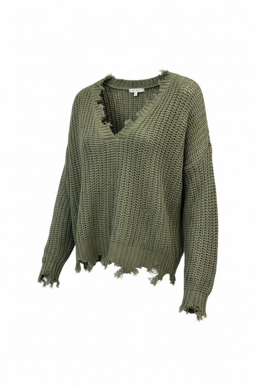 Olive Distress V Neck Sweater