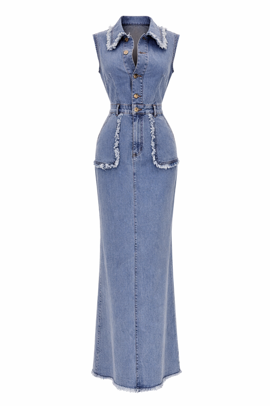 Lux Denim Gold Button Maxi Dress