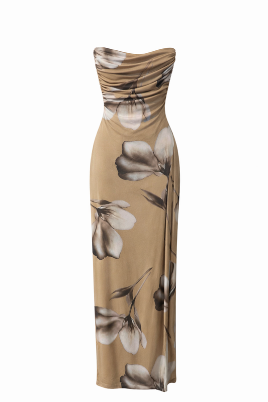 Mesh Floral Side Scrunch Maxi Dress