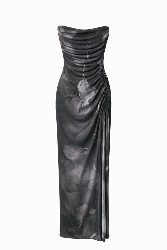 Floral Mesh Side Scrunch Maxi Dress