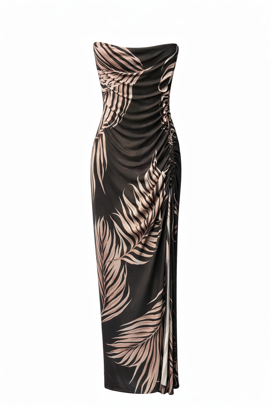 Mesh Tropical Side Scrunch Maxi Dress