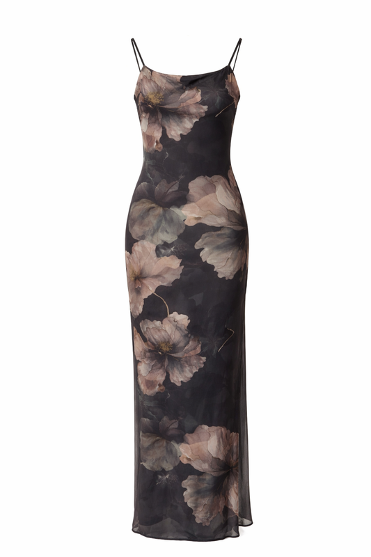 Floral Mesh Adjustable Strap Maxi Dress