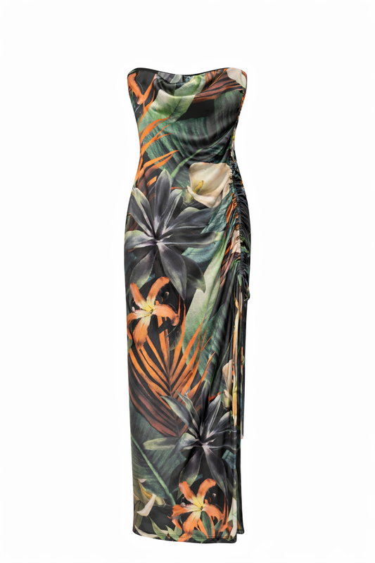 Mesh Tropical Side Scrunch Maxi Dress