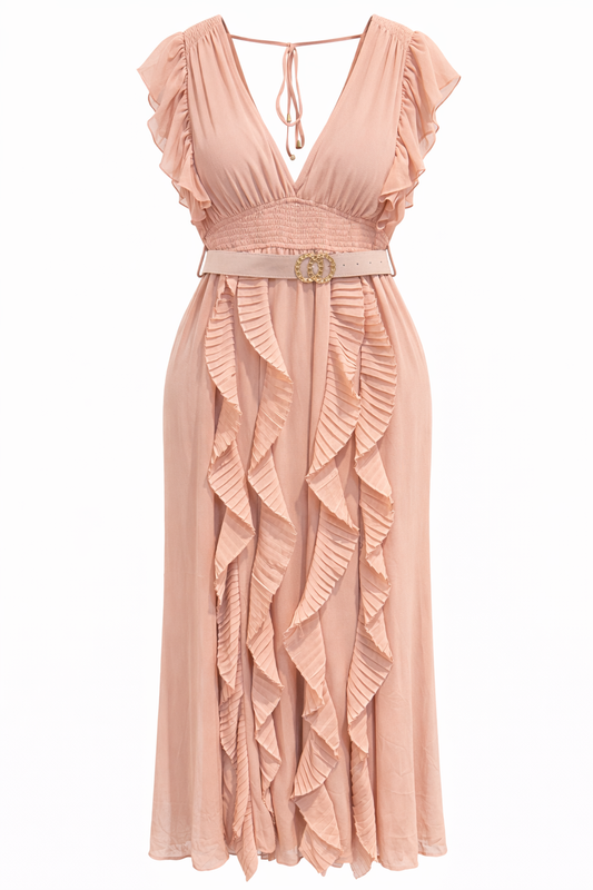 Blush Belted Chiffon Ruffle Maxi Dress