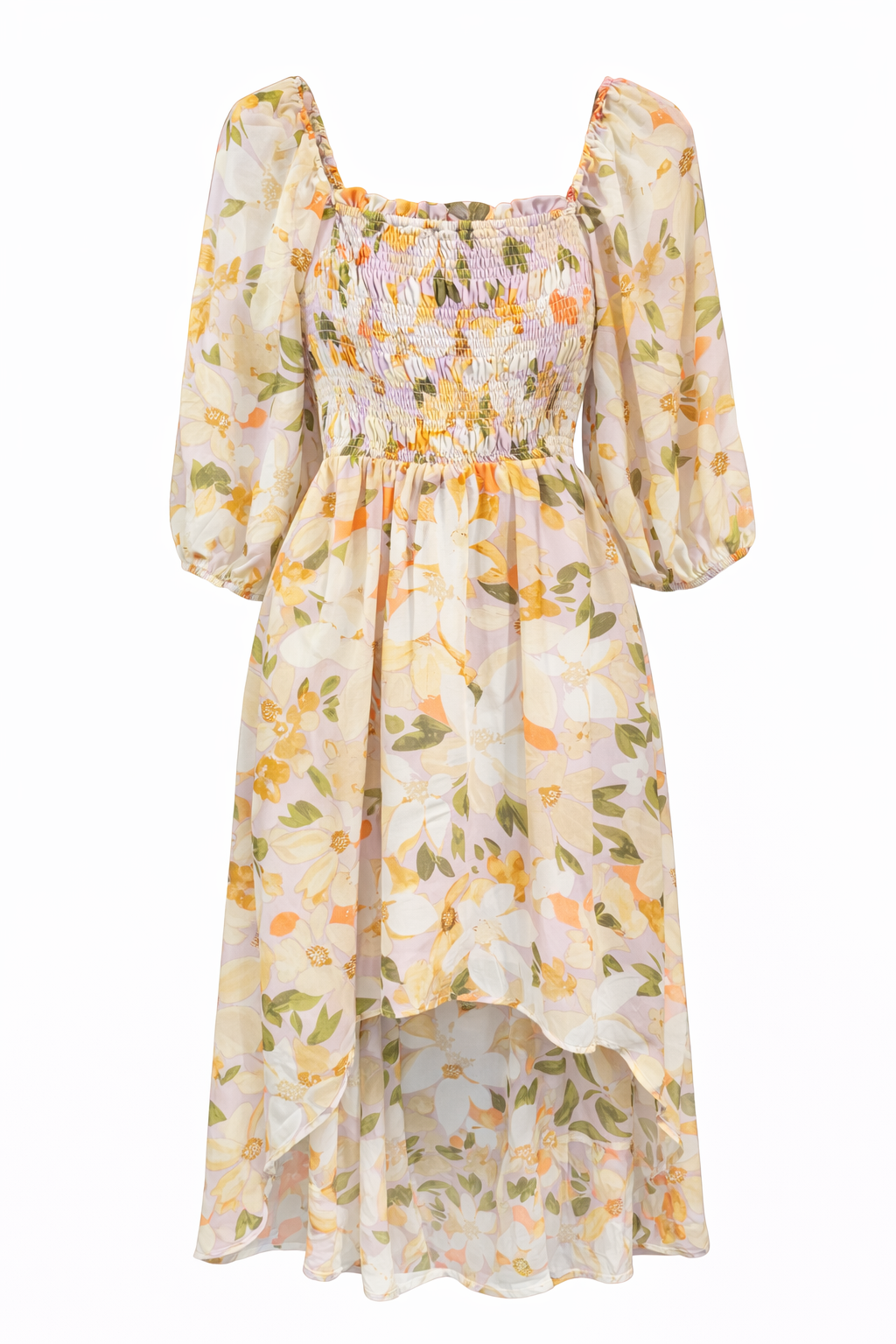 Purple Orange Floral Off-the-Shoulder Smocked Dress