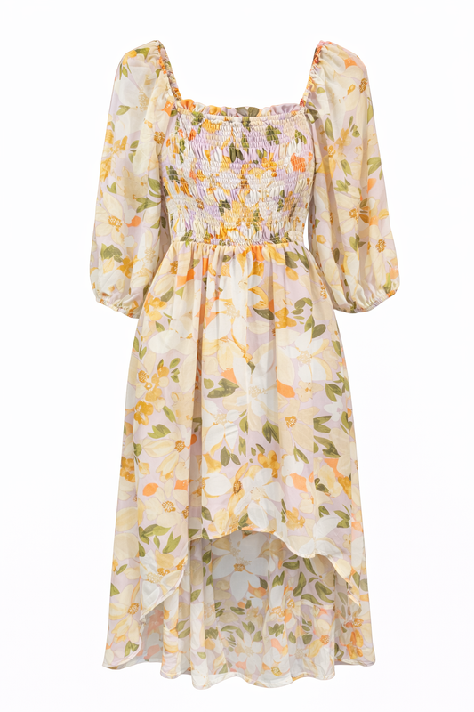 Purple Orange Floral Off-the-Shoulder Smocked Dress