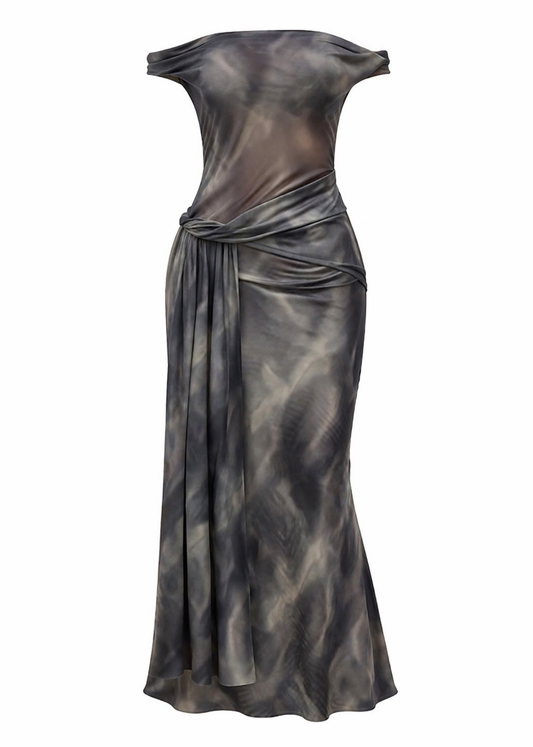 Charcoal Marble Mesh Waist Tie Maxi Dress