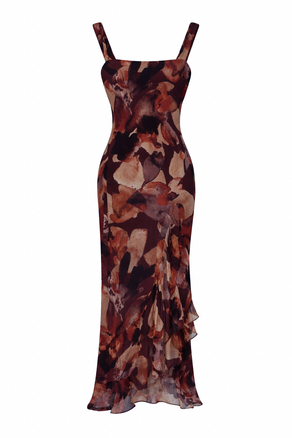 Brown Floral Chiffon Ruffle Split Maxi Dress