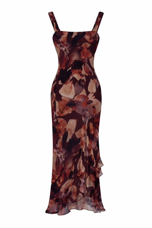 Brown Floral Chiffon Ruffle Split Maxi Dress