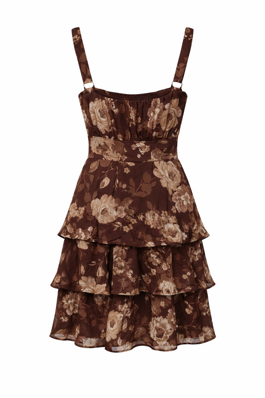 Brown Floral Chiffon Tie Back Tier Mini Dress