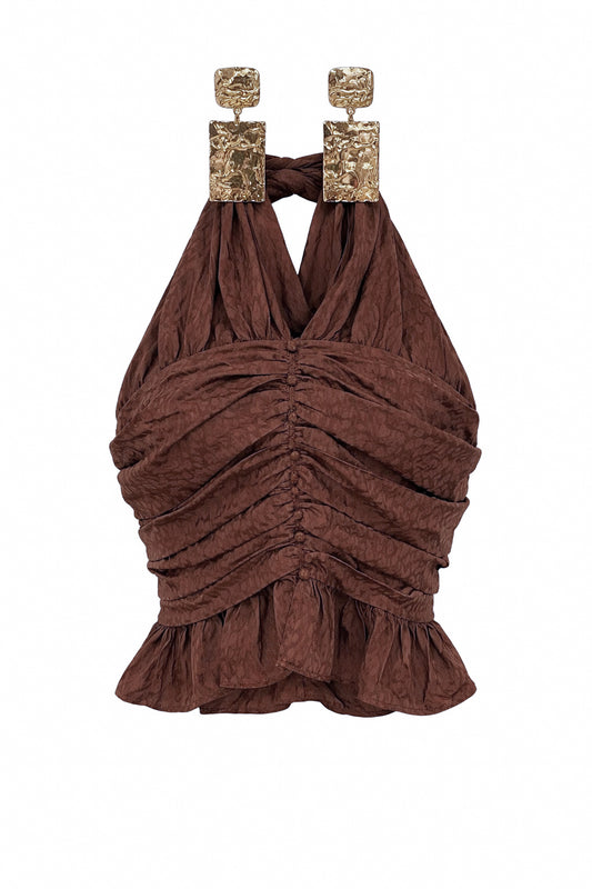 Brown Silk Halter Smock Button Top