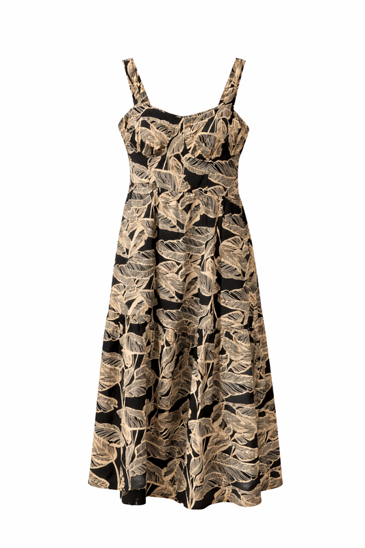 Black and Nude Tropical Midi Smock Dress